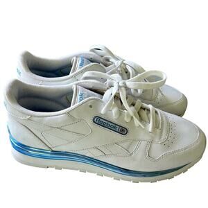 Reebok Classic leather trainers sneakers Athletic sporty running white blue 9
